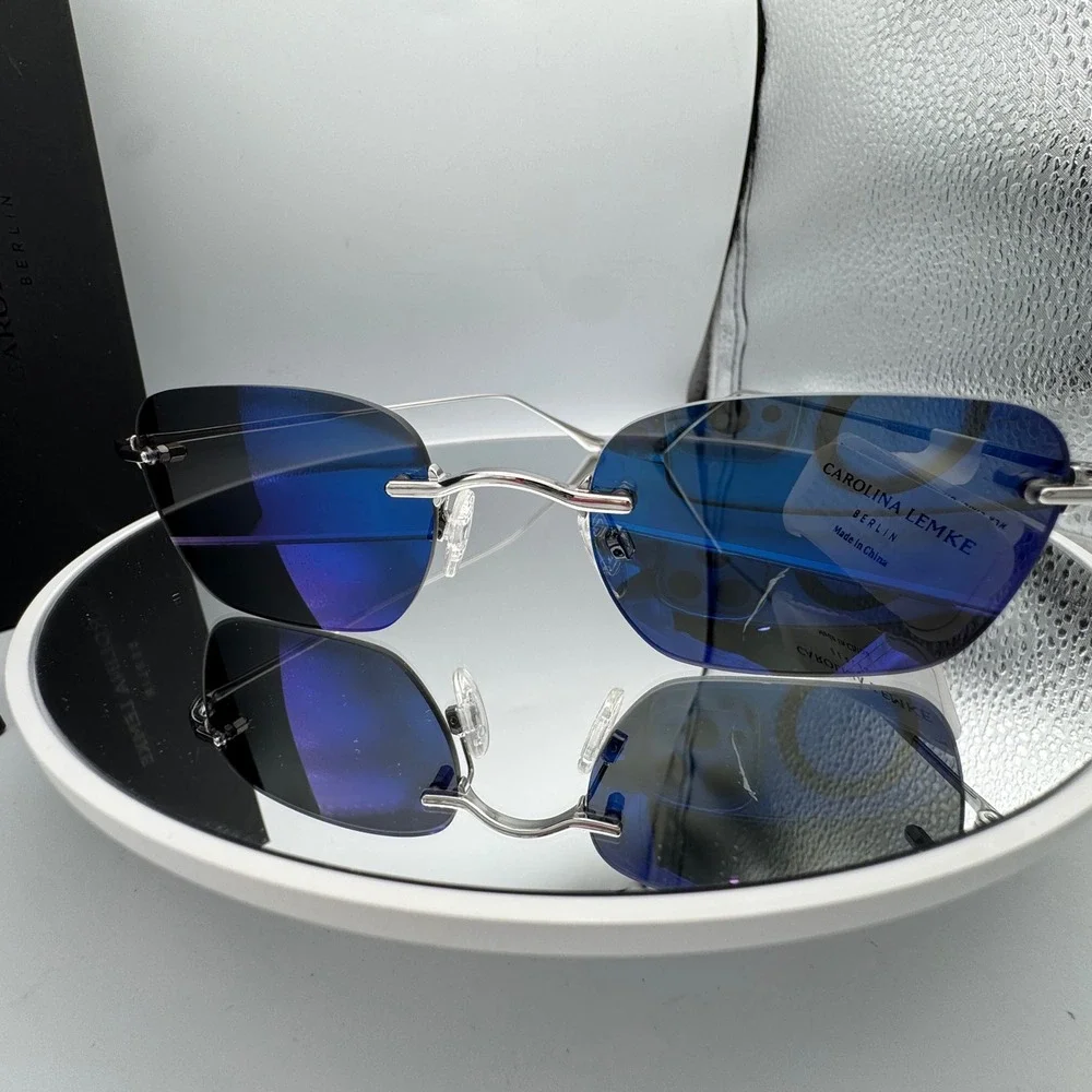Carolina Lemke Sunglasses Rimless Blue Mirror CL6800-08 Silver Frame 51mm
